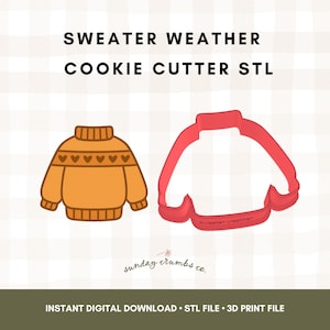 Puede incluir: Un cortador de galletas con forma de suéter naranja con un diseño de corazón y un contorno rojo de un suéter. El texto "SWEATER WEATHER COOKIE CUTTER STL" está en la parte superior. El texto inferior dice "INSTANT DIGITAL DOWNLOAD STL FILE 3D PRINT FILE".