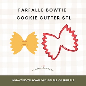 Pode incluir: Imagem digital com uma forma de massa farfalle amarela e um contorno de cortador de biscoito farfalle vermelho. O texto "FARFALLE BOWTIE COOKIE CUTTER STL" está no topo. O texto inferior diz "INSTANT DIGITAL DOWNLOAD • STL FILE • 3D PRINT FILE".