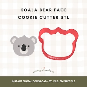 May include: A gray koala face illustration next to a red koala face cookie cutter. The text reads "KOALA BEAR FACE COOKIE CUTTER STL" and "INSTANT DIGITAL DOWNLOAD STL FILE 3D PRINT FILE".