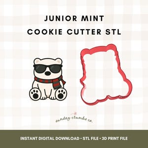 May include: A digital design for a cookie cutter featuring a cartoon polar bear wearing sunglasses and a scarf. A red cookie cutter outline is next to the bear. The text "JUNIOR MINT COOKIE CUTTER STL" is at the top.
