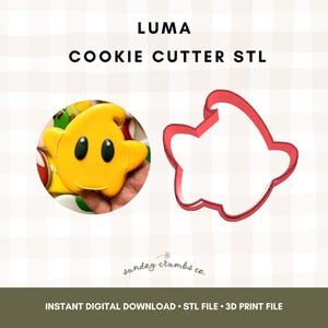 May include: A yellow star-shaped cookie with black eyes and a smiling face, next to a red cookie cutter in the same shape. The text "LUMA COOKIE CUTTER STL" is displayed above. The image also includes the text "INSTANT DIGITAL DOWNLOAD STL FILE 3D PRINT FILE".