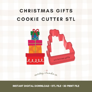 Puede incluir: Imagen de un cortador de galletas rojo con forma de árbol de Navidad y una pila de cajas de regalo coloridas. El texto "CHRISTMAS GIFTS COOKIE CUTTER STL" se muestra en la parte superior. El texto inferior dice "INSTANT DIGITAL DOWNLOAD STL FILE 3D PRINT FILE".