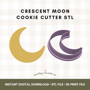 Pode incluir: Imagem de um cortador de biscoitos em forma de lua crescente. O design inclui uma lua crescente amarelo dourado e um cortador de biscoito roxo. O texto na parte superior diz "CRESCENT MOON COOKIE CUTTER STL". O texto na parte inferior diz "INSTANT DIGITAL DOWNLOAD • STL FILE • 3D PRINT FILE".