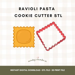 May include: An illustration of a ravioli pasta cookie cutter. The image shows a yellow ravioli shape and a red cookie cutter outline. Text at the top reads "RAVIOLI PASTA COOKIE CUTTER STL". The bottom text says "INSTANT DIGITAL DOWNLOAD STL FILE 3D PRINT FILE".