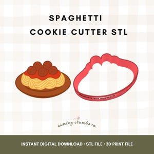 May include: An illustration of a plate of spaghetti with meatballs and a red cookie cutter in the shape of the pasta. The text "SPAGHETTI COOKIE CUTTER STL" is at the top. The bottom text says "INSTANT DIGITAL DOWNLOAD STL FILE 3D PRINT FILE".