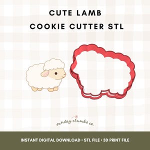 May include: An illustration of a cute lamb and a red cookie cutter in the shape of a lamb. The text "CUTE LAMB COOKIE CUTTER STL" is at the top. Below the image is the text "INSTANT DIGITAL DOWNLOAD • STL FILE • 3D PRINT FILE".