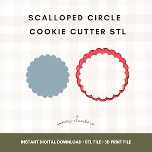 Puede incluir: Imagen digital con dos diseños de cortadores de galletas circulares festoneados. Uno es azul claro sólido, el otro con contorno rojo. El texto superior dice "SCALLOPED CIRCLE COOKIE CUTTER STL". El texto inferior dice "INSTANT DIGITAL DOWNLOAD STL FILE 3D PRINT FILE".