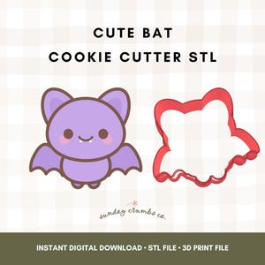 Puede incluir: Ilustración de un murciélago morado y un cortador de galletas rojo. El murciélago tiene una cara sonriente y alas extendidas. El texto "CUTE BAT COOKIE CUTTER STL" está en la parte superior.
