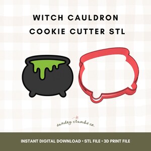 May include: A black witch's cauldron with green slime and a red cookie cutter. The image includes the text "WITCH CAULDRON COOKIE CUTTER STL" and "INSTANT DIGITAL DOWNLOAD STL FILE 3D PRINT FILE".