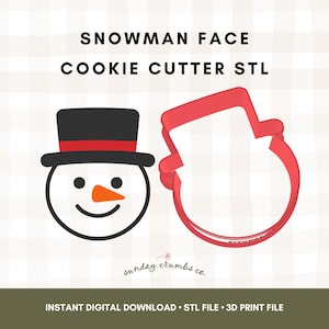 May include: A snowman face cookie cutter and a snowman face illustration. The cookie cutter is red and the snowman face has a black top hat with a red band, black eyes, an orange carrot nose, and a smiling mouth. The text "SNOWMAN FACE COOKIE CUTTER STL" is at the top.