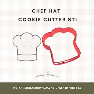 May include: A white chef hat outline and a red chef hat cookie cutter. The text "CHEF HAT COOKIE CUTTER STL" is at the top. The words "sunday crumbs co." are at the bottom. The text "INSTANT DIGITAL DOWNLOAD STL FILE 3D PRINT FILE" is at the bottom.