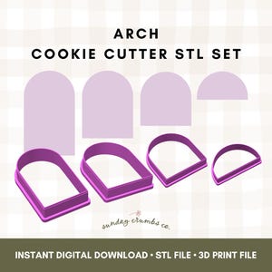 May include: A set of arch-shaped cookie cutters and stencils in various sizes. The cutters are purple with a white interior, and the stencils are a lighter shade of purple. The text "ARCH COOKIE CUTTER STL SET" is at the top.