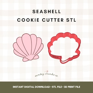 Può includere: Illustrazione di una conchiglia rosa e un tagliabiscotti a forma di conchiglia rosso. Il testo "SEASHELL COOKIE CUTTER STL" è in alto. Sotto l'illustrazione della conchiglia c'è il testo "sunday crumbs co." e "INSTANT DIGITAL DOWNLOAD • STL FILE • 3D PRINT FILE".