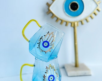 Evil Eye Design Hamsa Hand Latte Mug Espresso Mug Blue Gold Mug Glass Mug