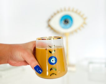 Moon Phases With Evil Eye Wine Glass, Iced Coffee Glass, Evil Eye Glass