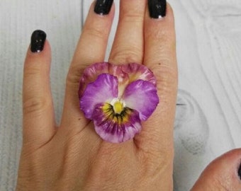 Pansy flower ring polymer clay jewelry real touch flowers statement rings handmade gift for women floral ring