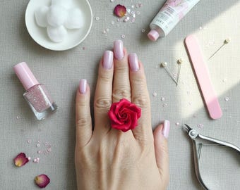 Handmade Red Rose Ring | Adjustable Polymer Clay Flower, Botanical Jewelry
