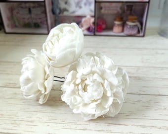 Peony Hair Pins, Real Touch Flower, Polymer Clay Bridal Hairpiece