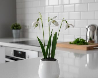 Fiori di bucaneve in porcellana fredda in una brocca per il latte. Bucaneve come regalo. Scultura botanica di bucaneve al tatto. 3 fiori di bucaneve artificiali.