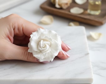 Handmade White Rose Adjustable Ring Polymer Clay Flower Jewelry Boho Artisan Ring