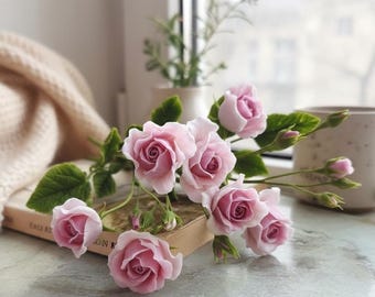 Handmade Polymer Clay Rose Bouquet - Pale Pink Floral Arrangement