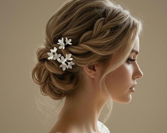 Conjunto de 3 horquillas blancas de lila para novia, flores de tacto real, accesorios para el cabello, joyería de arcilla polimérica, horquillas de flores, accesorios para el cabello de boda, tocado