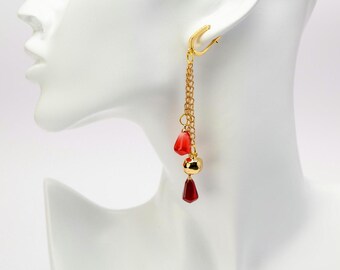 Brincos pendentes com sementes de romã vermelhas, banhados a ouro 18K