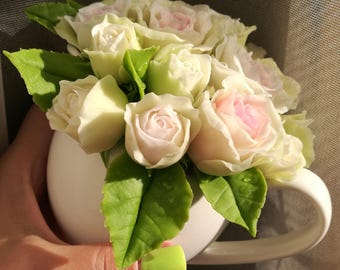 Flower bouquet Roses and rosebuds in a ceramic milk jug Floral arrangements artificial flowers polymer clay dried flower bouquet