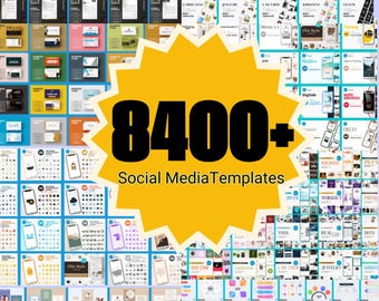 May include: A collage of social media templates, featuring a variety of designs for different themes. The image prominently displays the text "8400+ Social Media Templates" in a large, bold font, with a yellow starburst shape behind it. The templates include business cards, phone mockups, and other marketing materials.
