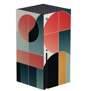 May include: A rectangular console skin featuring an abstract geometric design. The design incorporates red, black, teal, and yellow shapes. The top of the console has a black honeycomb pattern, and the Xbox logo is visible on the side.