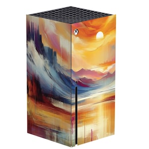 Puede incluir: Una consola Xbox Series X con una piel personalizada que presenta un diseño de paisaje abstracto. La obra de arte muestra una puesta de sol con colores cálidos como el naranja, el amarillo y el rojo, contrastados con azules y morados fríos. La consola tiene una parte superior negra con ventilación.