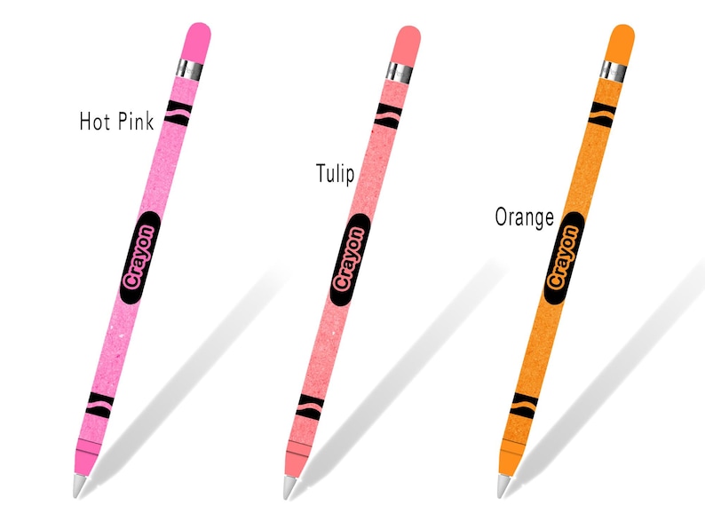 May include: Three Apple Pencil skins with Crayola crayon designs. The skins are in hot pink, tulip, and orange. Each skin has the word "Crayon" printed on it.