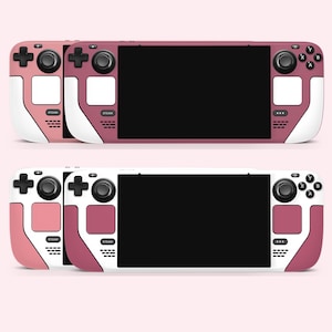Op de afbeelding: Twee draagbare gameconsoles met een zwart scherm en roze en witte accenten. De consoles hebben knoppen, joysticks en het woord "STEAM" erop gedrukt. Het ontwerp heeft een verloop van roze tinten.