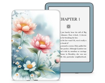 May include: A white Kindle e-reader case with a floral design featuring pink and white flowers on a blue and white background. The text "CHAPTER 1" is visible on the e-reader screen.