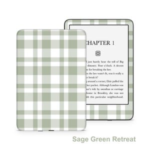 May include: A sage green and white plaid pattern covers a Kindle device and its case. The screen displays text from Chapter 1. The words "Sage Green Retreat" are at the bottom of the image.