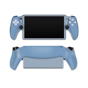 Peut inclure: Une console de jeu portable bleu clair avec un écran et deux manettes. La console est en position fermée.