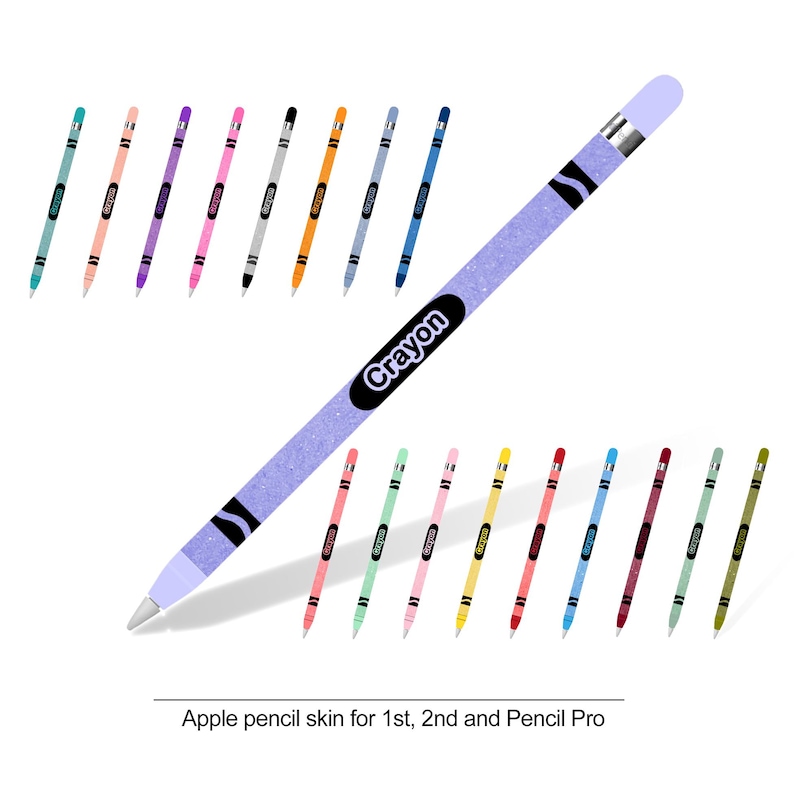 May include: A set of 18 colorful Apple Pencil skins with a crayon theme. The skins feature a variety of colors, including red, orange, yellow, green, blue, purple, pink, and brown. The skins are designed to fit the 1st, 2nd, and Pro Apple Pencils. The text "Crayon" is printed on the purple skin.