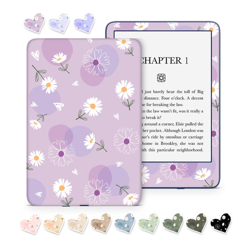 May include: A purple and white floral patterned Kindle Paperwhite e-reader cover with a white daisy design. The cover has a cutout for the Kindle screen and buttons. The cover is shown with a variety of colorful heart-shaped stickers.