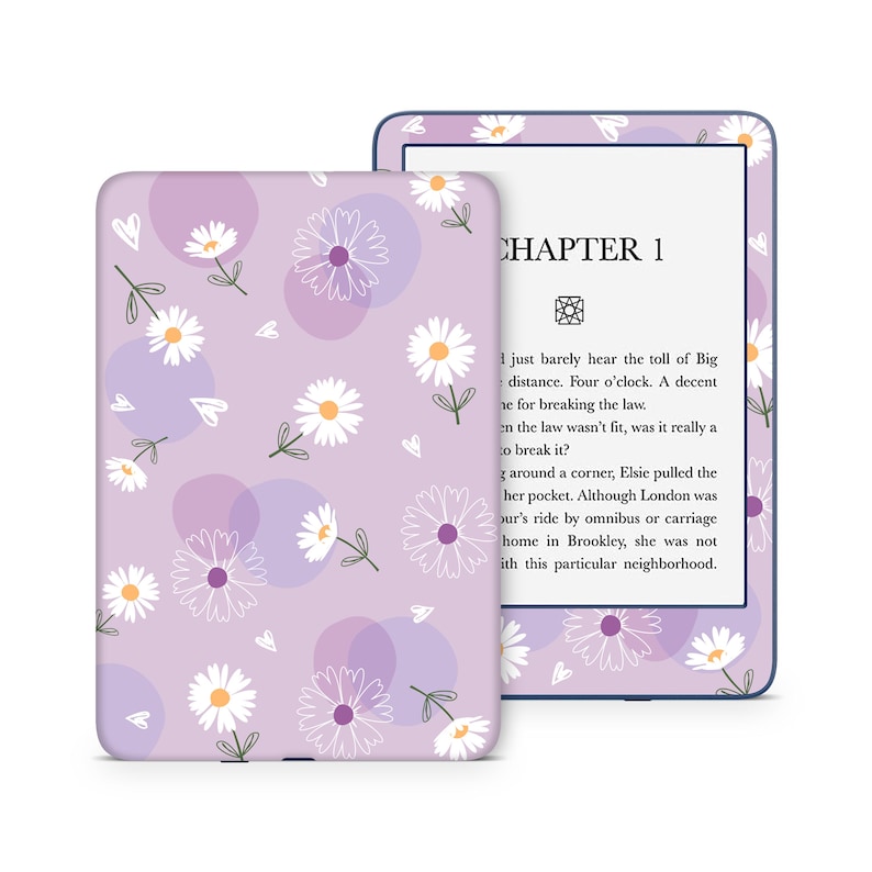 May include: A purple and white floral patterned Kindle Paperwhite e-reader case with the text "CHAPTER 1" on the screen.