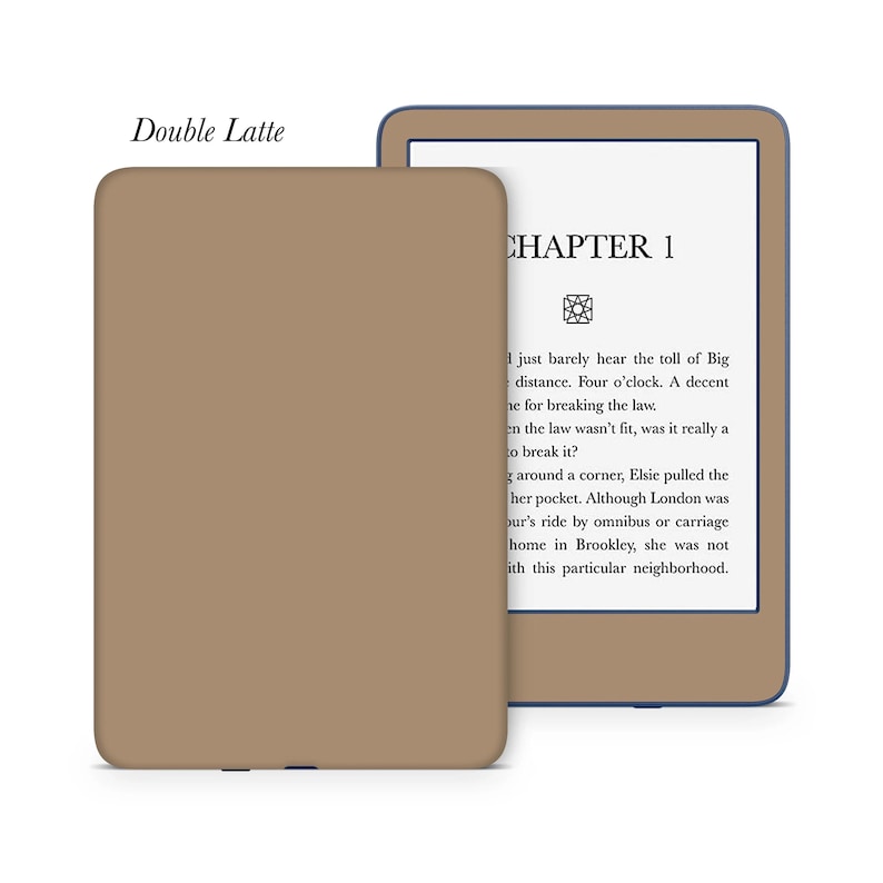 May include: A brown Kindle e-reader case with the text "Double Latte" printed on the front. The Kindle is open to a page with the text "CHAPTER 1" and a small graphic of a square with a circle inside.