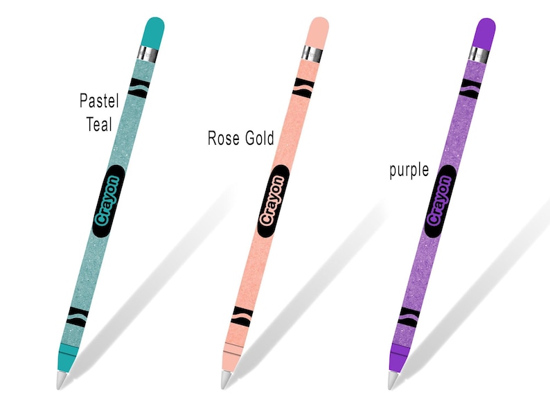 May include: Three Apple Pencil skins with a Crayola crayon design. The skins are in pastel teal, rose gold, and purple.