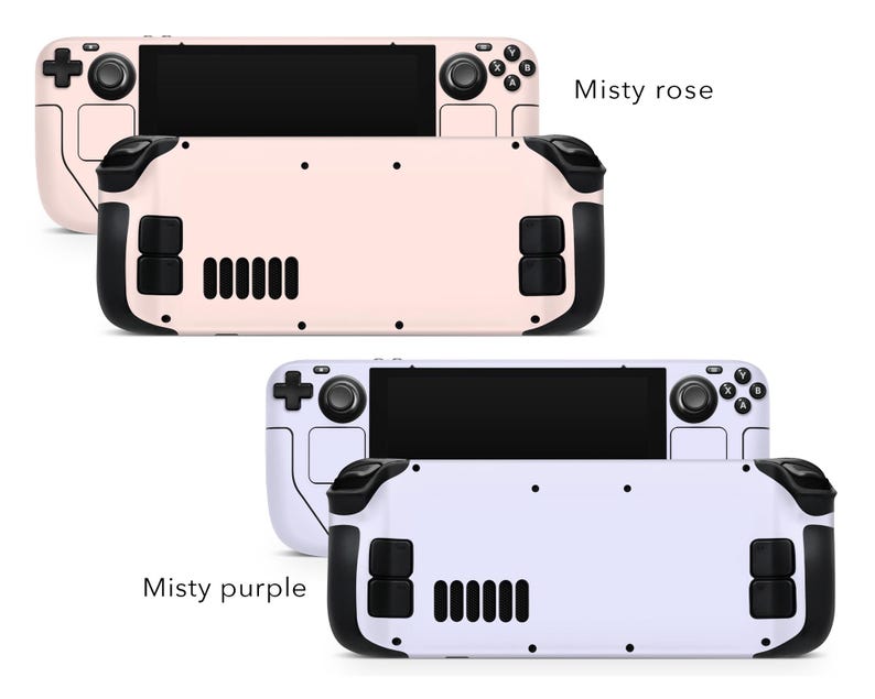 May include: Two handheld gaming consoles, one in a light pink colour with the text "Misty rose" and the other in a light purple colour with the text "Misty purple".