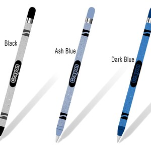 May include: Three Apple Pencil skins with a Crayola crayon design. The skins are black, light blue, and dark blue. The text "Crayon" is printed on each skin.
