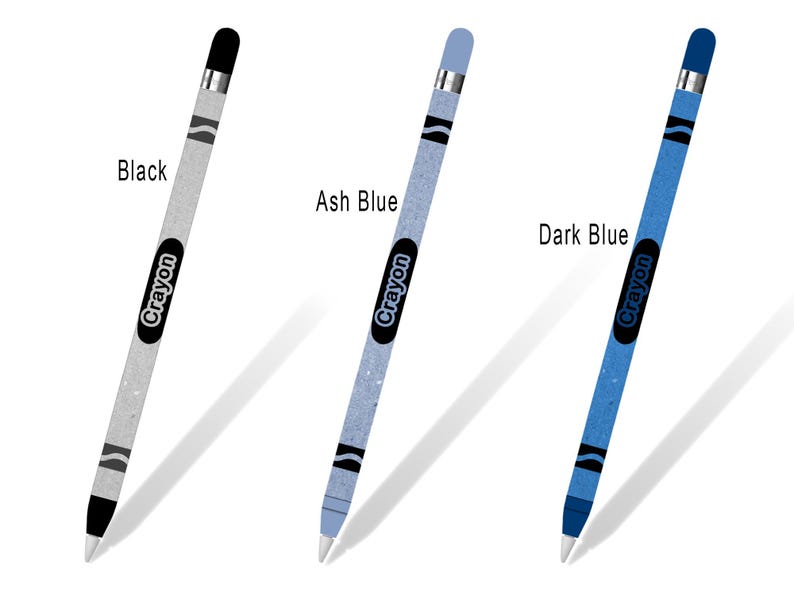 May include: Three Apple Pencil skins with a Crayola crayon design. The skins are black, light blue, and dark blue. The text "Crayon" is printed on each skin.