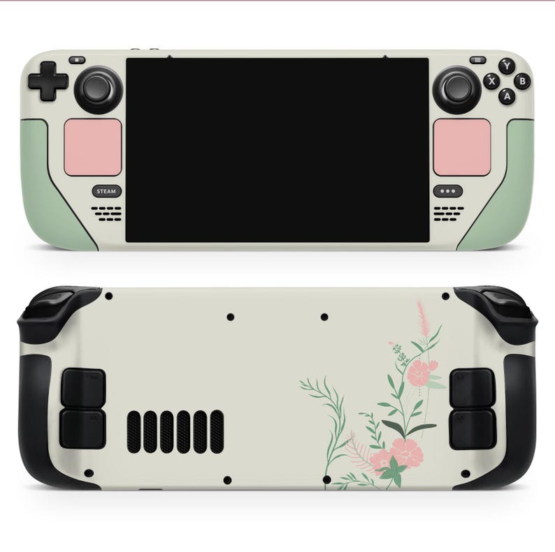 Pode incluir: Um console de jogos port&aacute;til branco e verde com um design floral nas costas. O console tem uma tela, bot&otilde;es e um joystick.