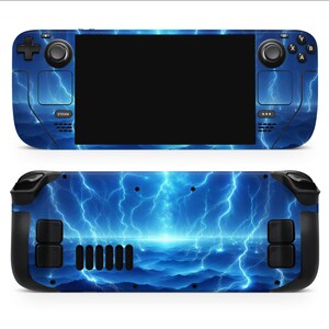 May include: A blue and black gaming console with a lightning bolt design. The console has a screen, buttons, and joysticks. The console is a popular choice for gamers.