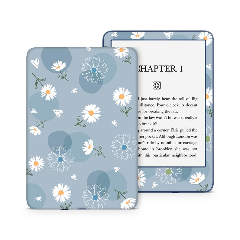 May include: A blue and white floral patterned Kindle Paperwhite e-reader case with the text "CHAPTER 1" on the screen.