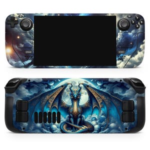 May include: A blue and gold dragon with wings spread wide, sitting on a cloud in front of a full moon. The dragon is surrounded by stars and clouds. This design is printed on a black and grey gaming console.