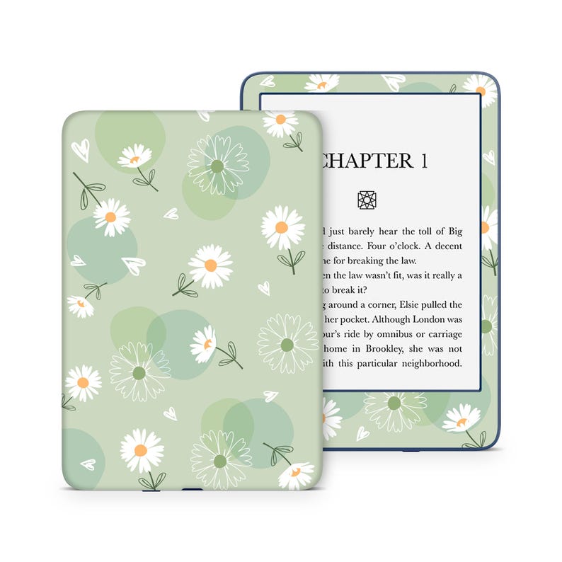 May include: A green Kindle Paperwhite e-reader case with a white daisy pattern. The case has a blue border and the words "CHAPTER 1" are visible on the screen.