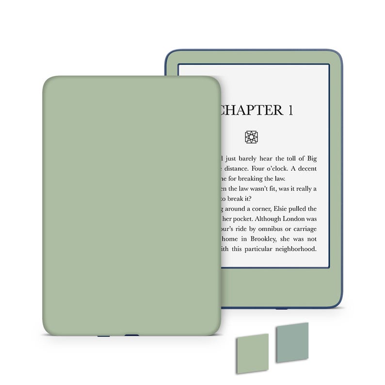 K&ouml;nnte beinhalten: Ein salbeigr&uuml;ner E-Reader mit passender H&uuml;lle, der Text aus "KAPITEL 1" anzeigt. Der E-Reader wird offen und geschlossen gezeigt, mit einem minimalistischen Design. Unten sind zwei Farbmuster abgebildet.